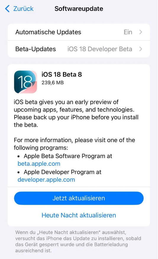 两当苹果手机维修分享苹果 iOS / iPadOS 18 开发者预览版 Beta 8 发布 